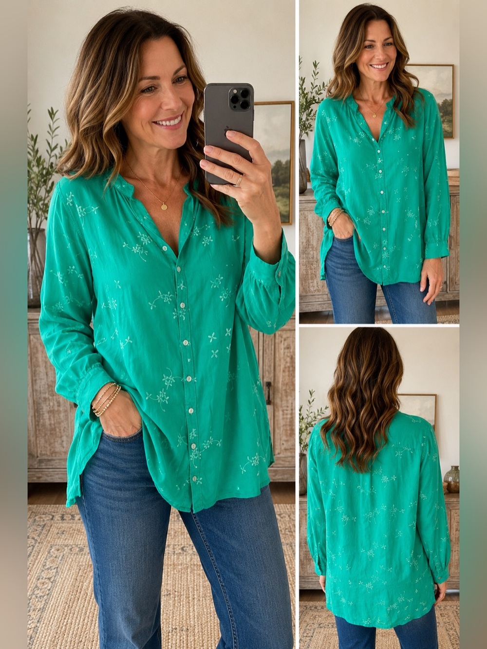 Johnny Was Embroidered Cupra Rayon Blouse Green Boho Tunic Top Size S